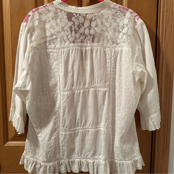 Linen Cottage Core Whimsy Fairy Peasant Button-up Bell Sleeve Ruffled Blouse - Picture 2 of 15